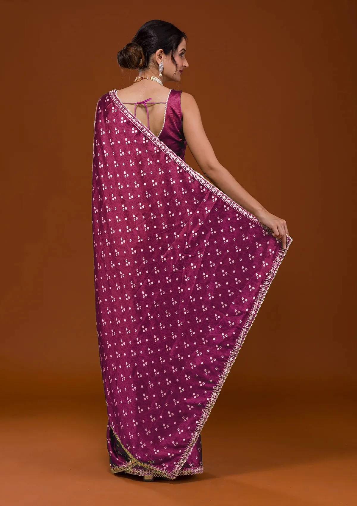 Women Party Wear Designer Pink Colour Satin Fabric Bandhani Printed with Sequence Worked Lace Border