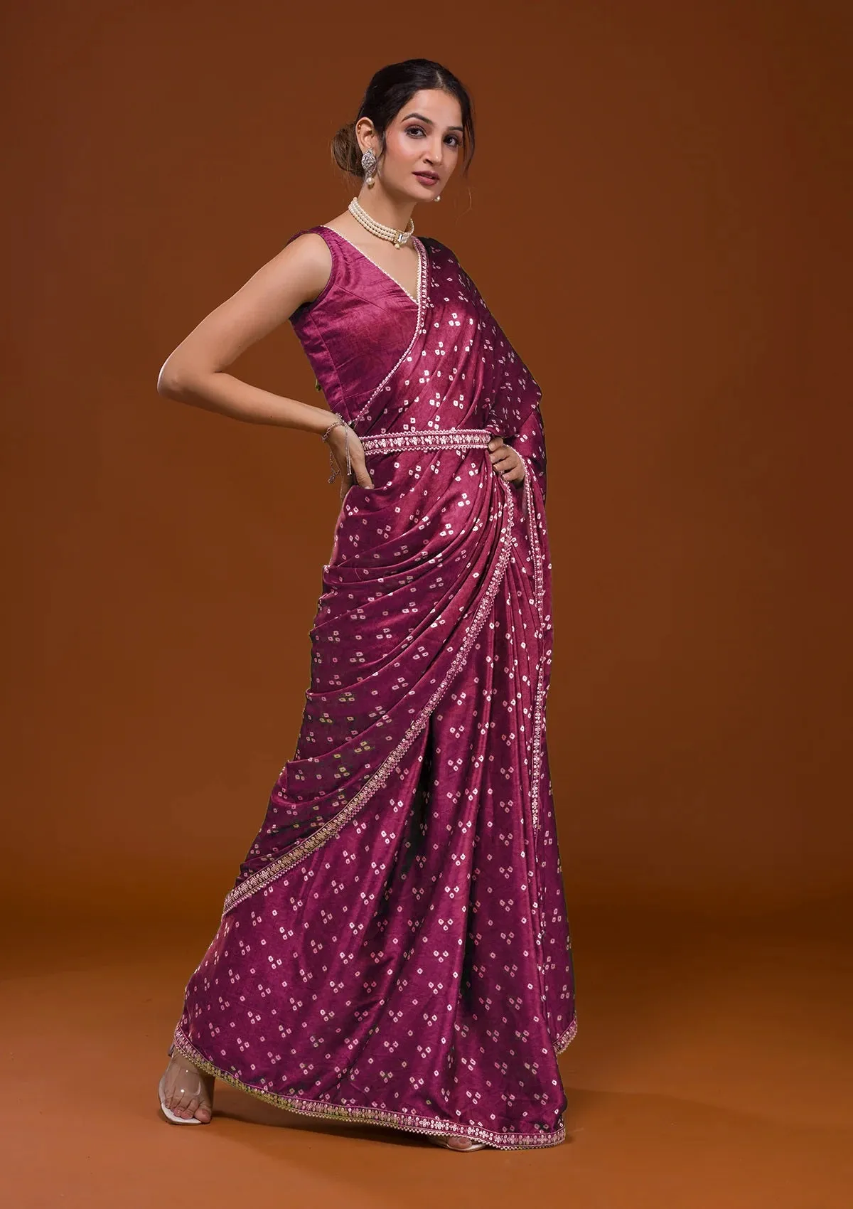 Women Party Wear Designer Pink Colour Satin Fabric Bandhani Printed with Sequence Worked Lace Border