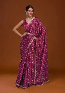 Women Party Wear Designer Pink Colour Satin Fabric Bandhani Printed with Sequence Worked Lace Border