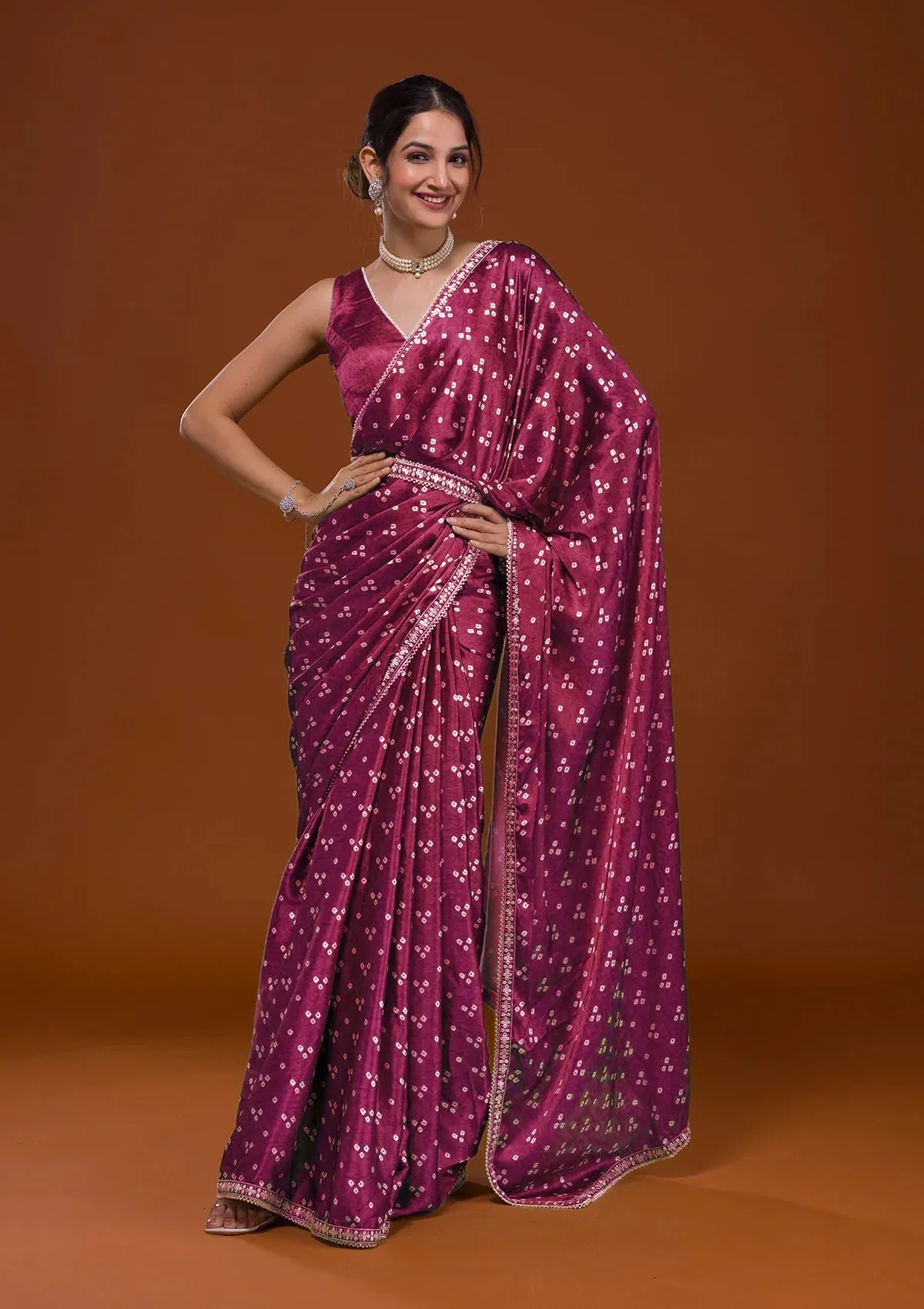 Women Party Wear Designer Pink Colour Satin Fabric Bandhani Printed with Sequence Worked Lace Border