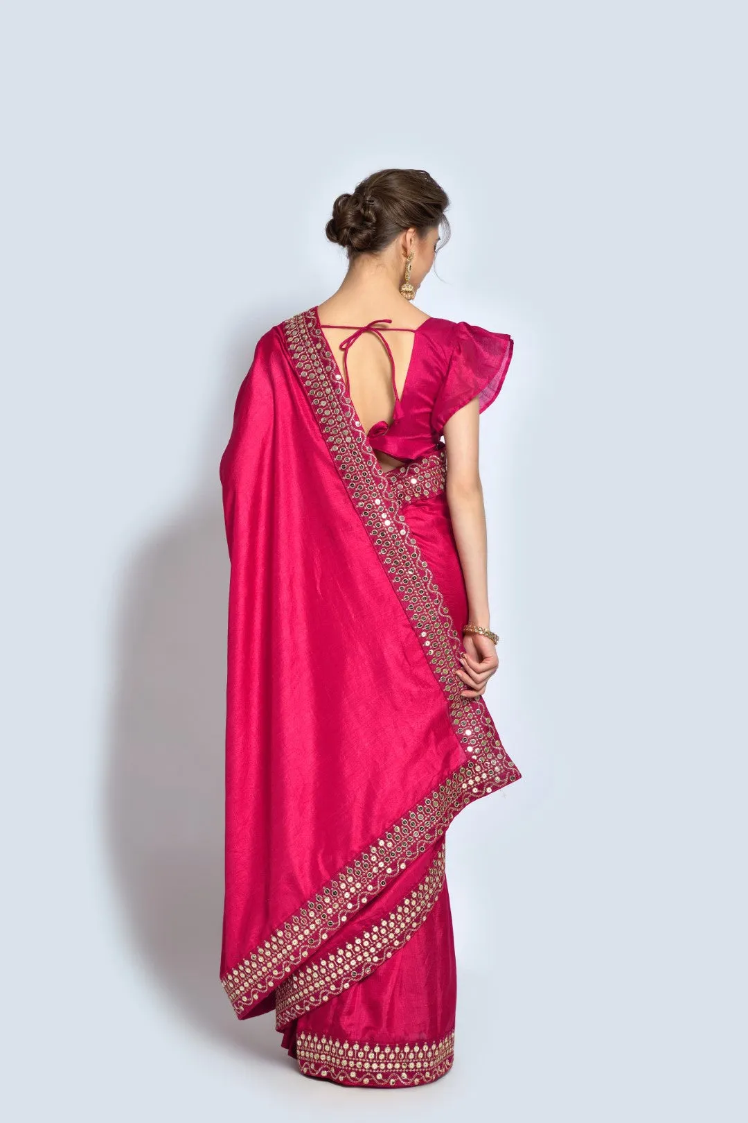 Women Party Wear Designer Pink Colour Vichitra Silk Fabric Plain Saree with Sequence Worked Lace Border