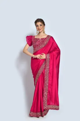 Women Party Wear Designer Pink Colour Vichitra Silk Fabric Plain Saree with Sequence Worked Lace Border