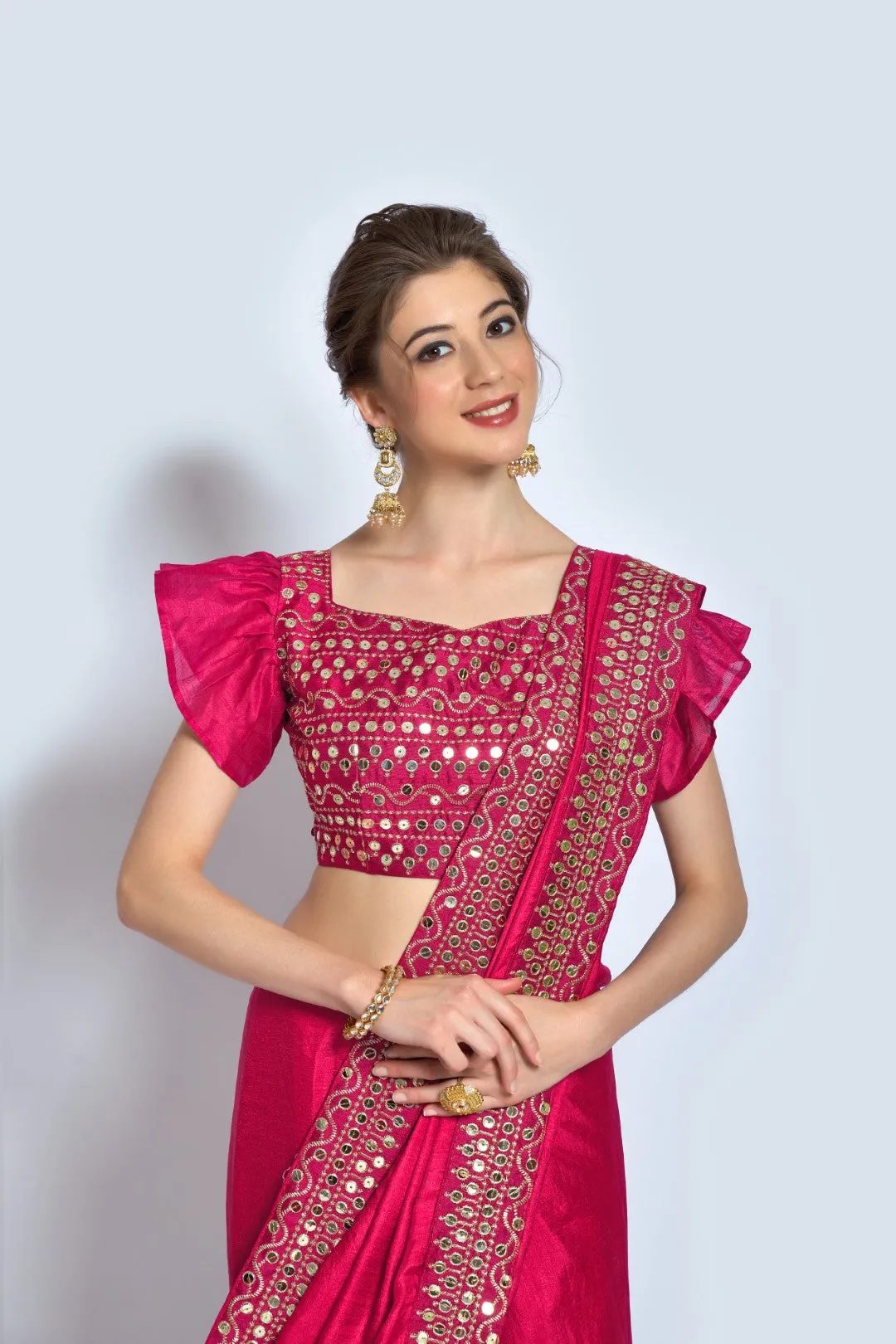 Women Party Wear Designer Pink Colour Vichitra Silk Fabric Plain Saree with Sequence Worked Lace Border
