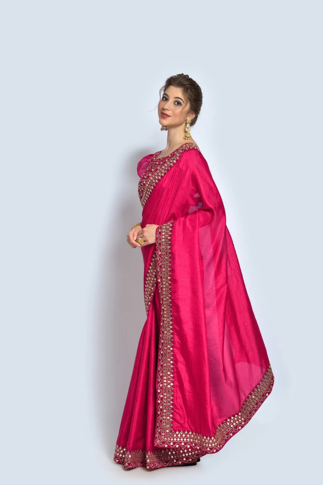 Women Party Wear Designer Pink Colour Vichitra Silk Fabric Plain Saree with Sequence Worked Lace Border
