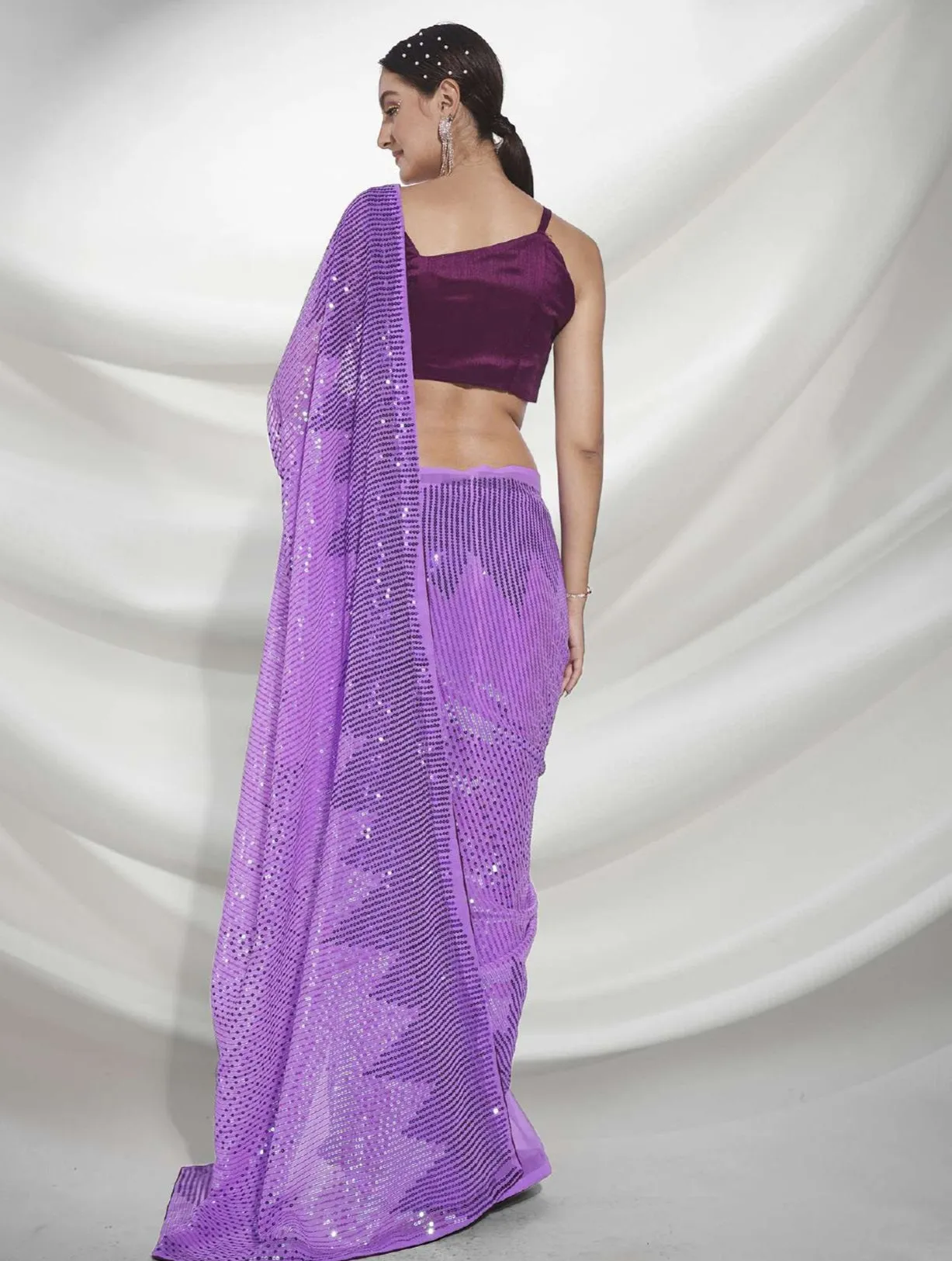 Women Party Wear Designer Sequence Worked Purple Colour Georgette Saree Collection