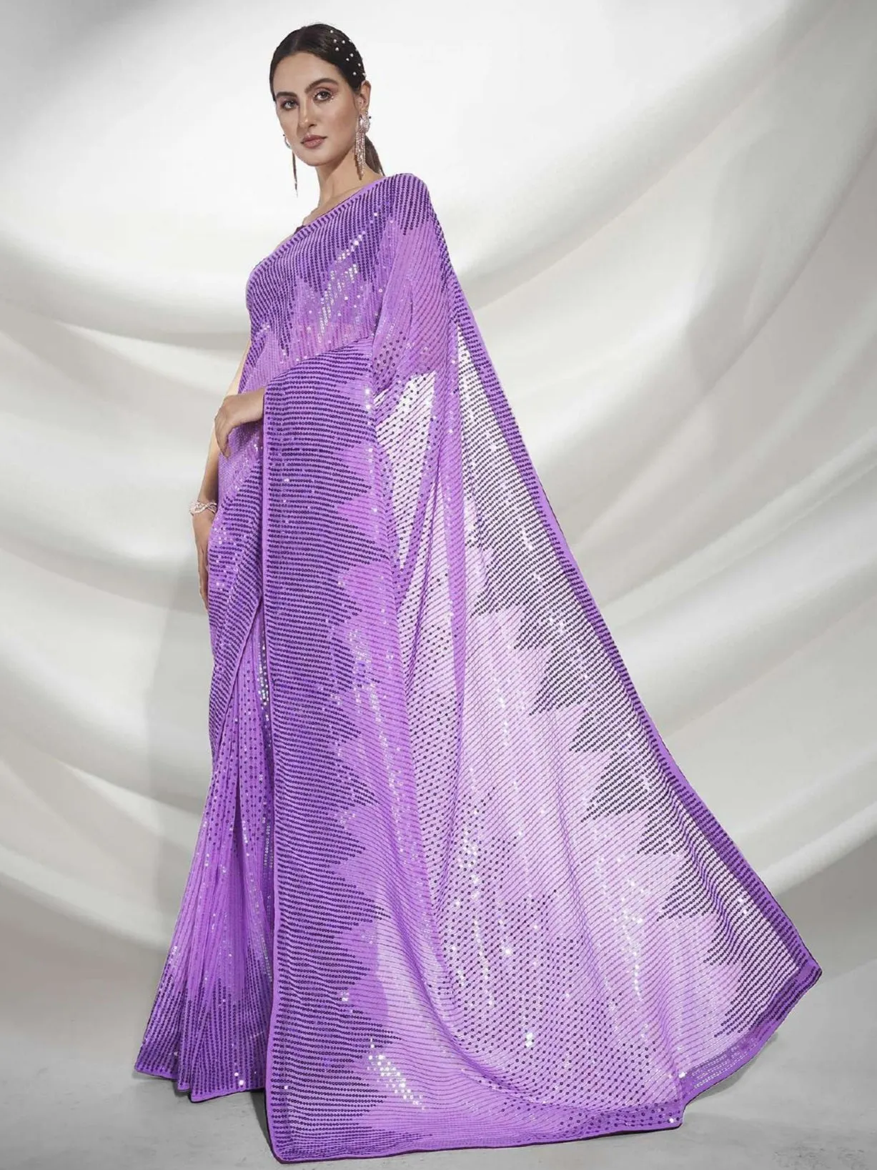 Women Party Wear Designer Sequence Worked Purple Colour Georgette Saree Collection