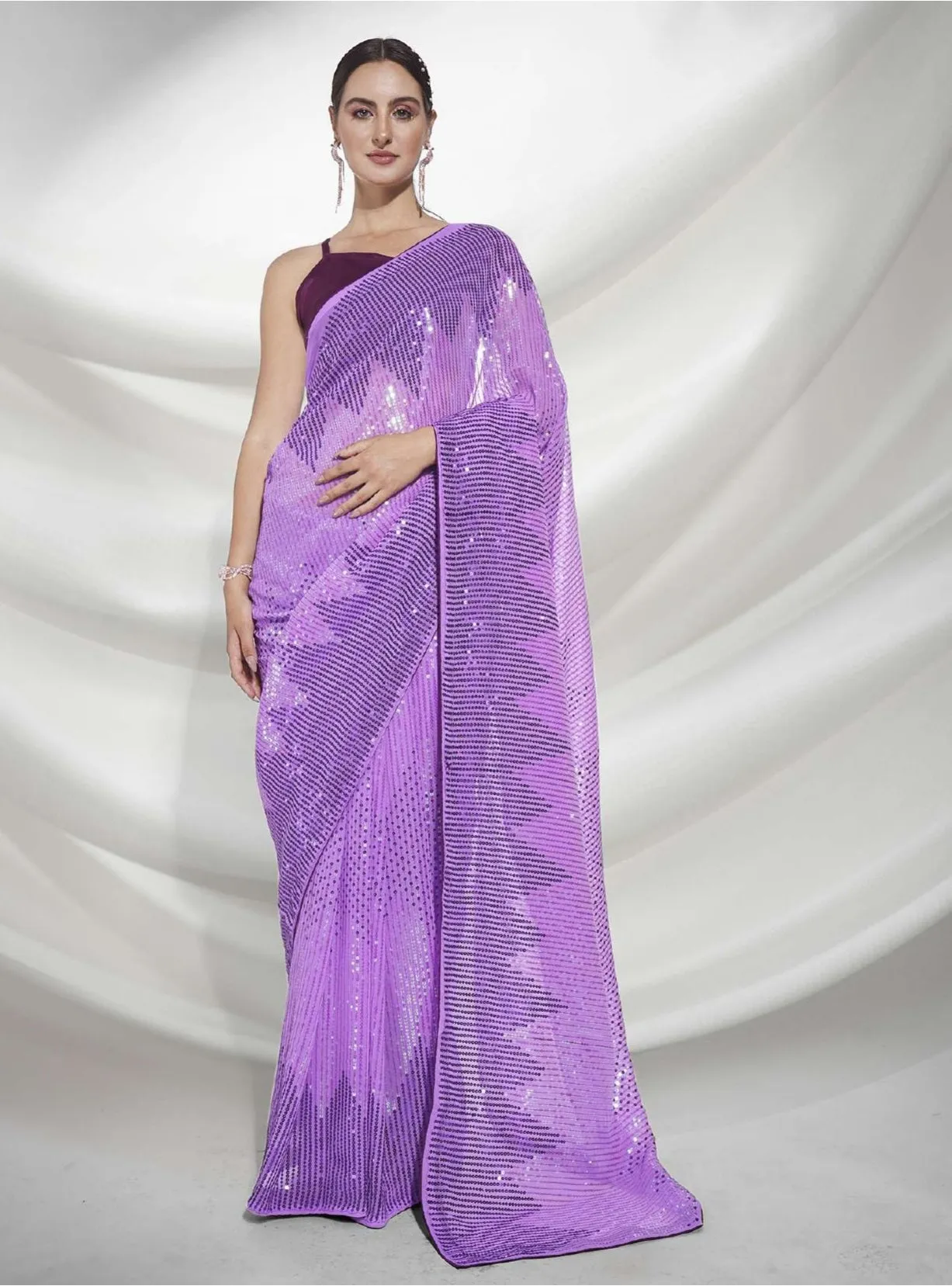 Women Party Wear Designer Sequence Worked Purple Colour Georgette Saree Collection