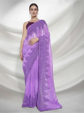 Women Party Wear Designer Sequence Worked Purple Colour Georgette Saree Collection