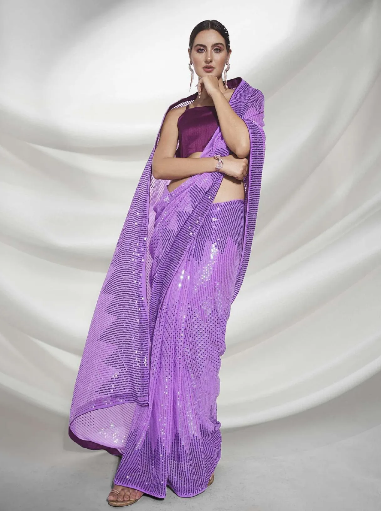 Women Party Wear Designer Sequence Worked Purple Colour Georgette Saree Collection