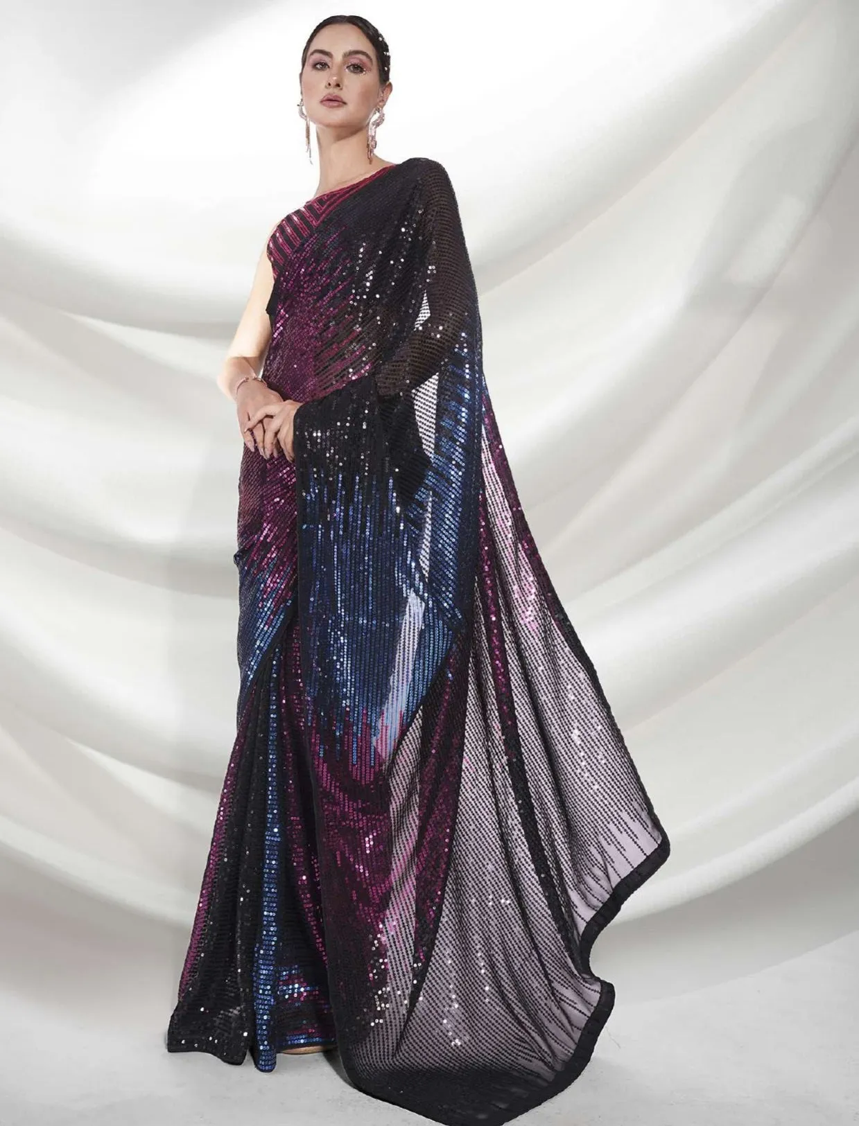 Women Party Wear Designer Sequence Worked Wine Colour Georgette Saree Collection
