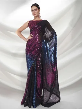 Women Party Wear Designer Sequence Worked Wine Colour Georgette Saree Collection