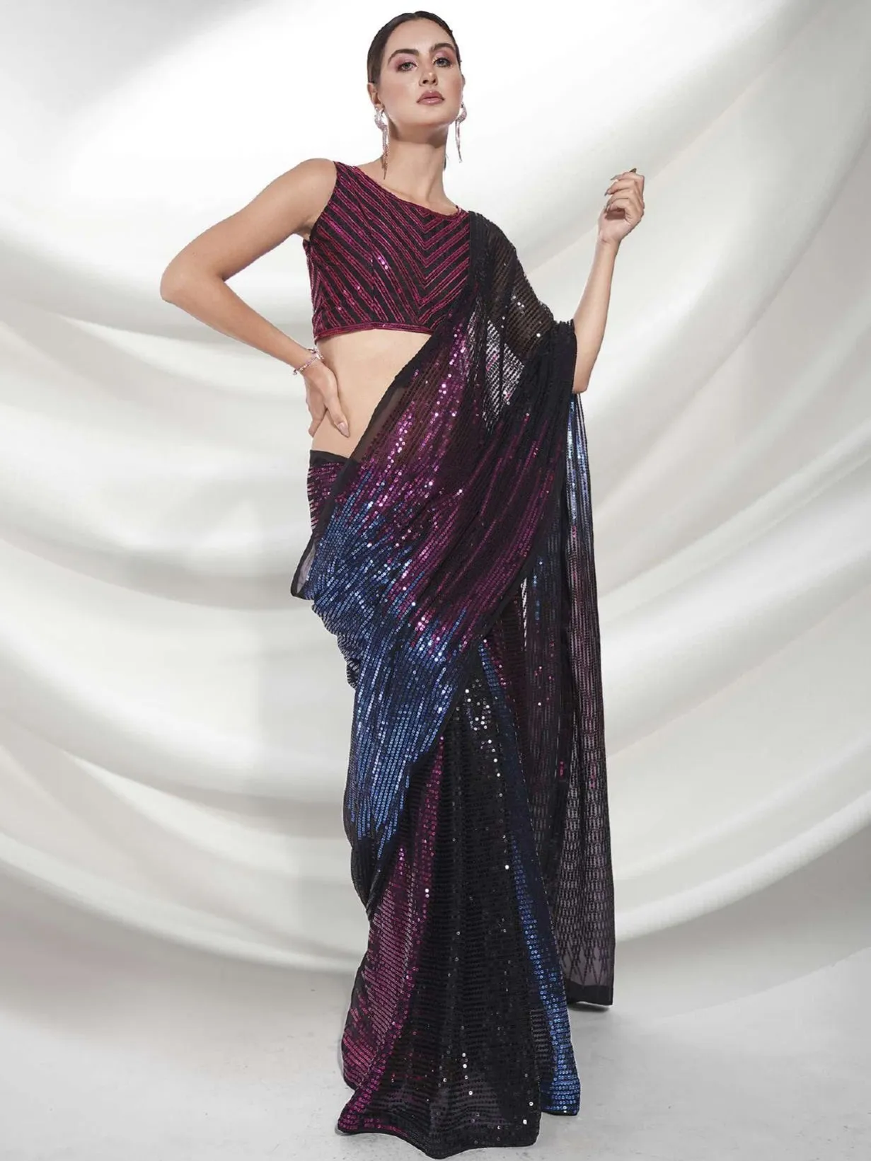 Women Party Wear Designer Sequence Worked Wine Colour Georgette Saree Collection