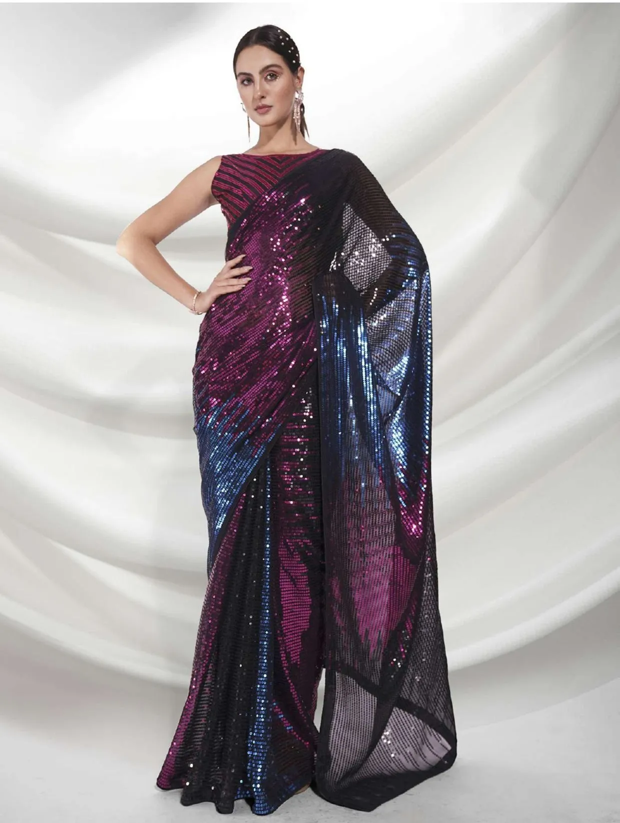 Women Party Wear Designer Sequence Worked Wine Colour Georgette Saree Collection