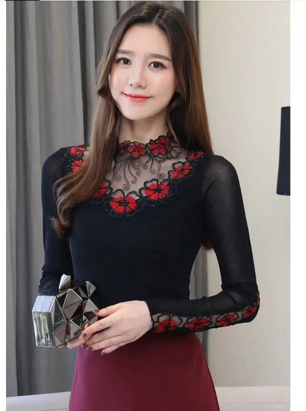 Women Rhinestone Hollowed Cut Out Embroidered Long Sleeve Blouse