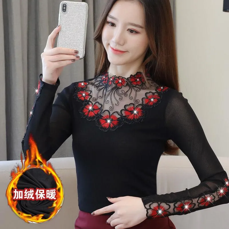 Women Rhinestone Hollowed Cut Out Embroidered Long Sleeve Blouse